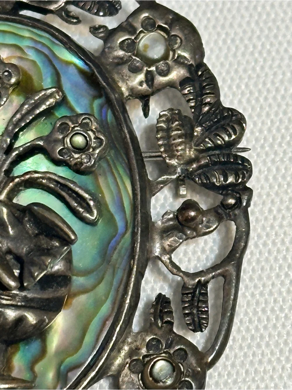 Vintage Mexican sterling silver and abalone shell floral brooch and pendant.